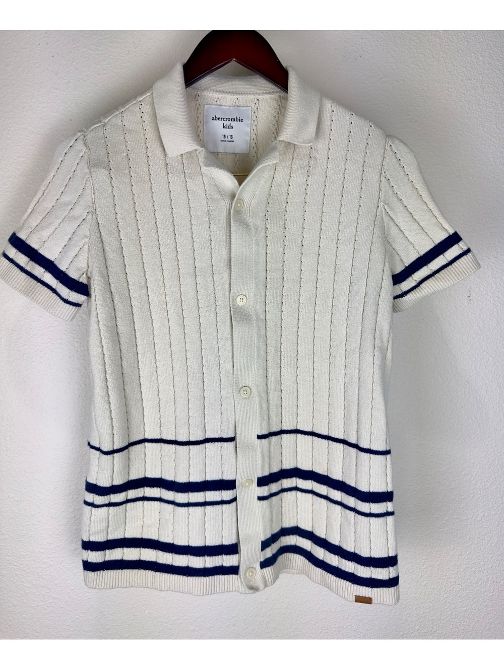 Abercrombie Kids Girls 15/16 Ivory Navy Striped Knit Polo Cardigan Preppy